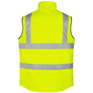 A bright yellow lightweight waterproof vest featuring reflective strips and a high collar. It has a logo on one side.
