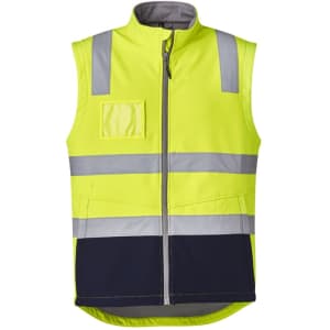 A unisex hi-vis softshell vest in bright yellow with navy accents and reflective stripes. Features a logo.