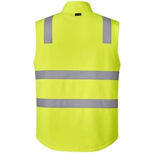 A unisex hi-vis softshell vest in bright yellow with reflective grey stripes and a branding logo.