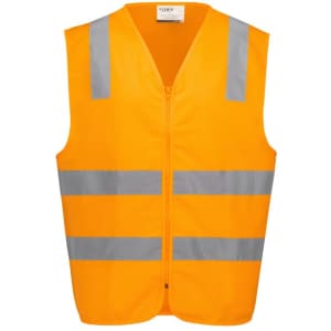 An orange unisex zip vest with reflective silver stripes, designed for safety wear, featuring a logo.