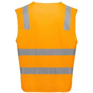 A unisex high visibility vest in bright orange with reflective silver stripes and a logo. Suitable for safety wear.