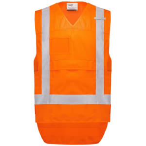 A high visibility orange unisex vest with reflective strips, featuring a front pocket and no sleeves.