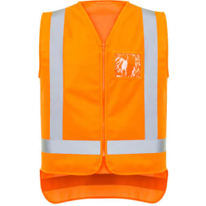 A bright orange zip vest with reflective stripes and a logo on the front. Ideal for workwear.