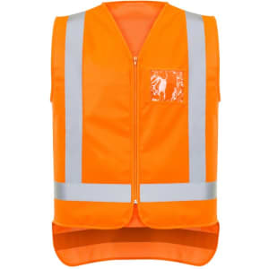 An orange zip-up vest with reflective strips and a small pocket, featuring a logo on the front.