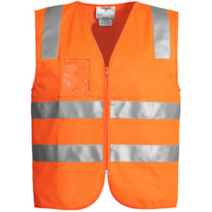 A bright orange unisex hi-vis zip vest with reflective stripes and a logo. Designed for workwear use.