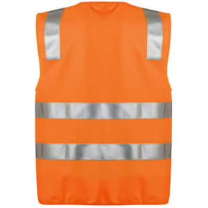 A unisex hi-vis zip vest in bright orange with silver reflective stripes, featuring a logo on the back.
