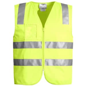 A unisex hi-vis zip vest in bright yellow with reflective stripes, featuring a front pocket and a logo.