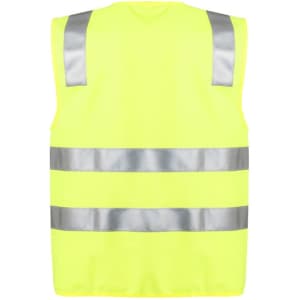 A unisex hi-vis vest in bright yellow with reflective silver stripes. Features a logo on the back.