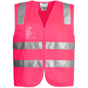 A unisex hi-vis zip vest in bright pink with reflective strips and a clear pocket on the front.