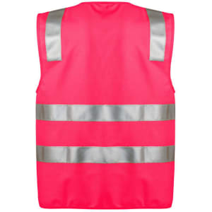 A unisex hi-vis zip vest in bright pink with reflective silver stripes and a logo. Suitable for workwear.
