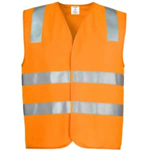 An orange unisex hi-vis vest featuring silver reflective stripes, designed for safety wear. It has a logo.