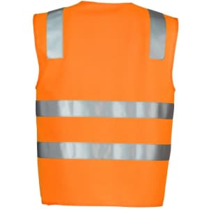 An orange unisex hi-vis vest featuring reflective silver strips. The back is plain with a logo present.
