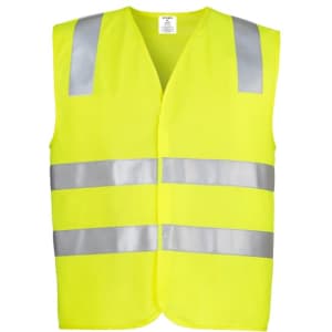 A unisex hi-vis vest in bright yellow, featuring reflective stripes and a simple design. Includes a logo.