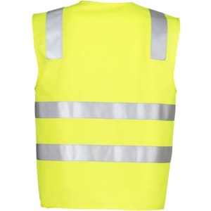 A unisex hi-vis basic vest in bright yellow with reflective stripes and a logo. Ideal for safety wear.