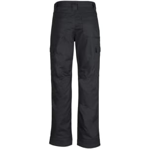 Black men's midweight drill cargo pants with multiple pockets and a logo, viewed from the back.