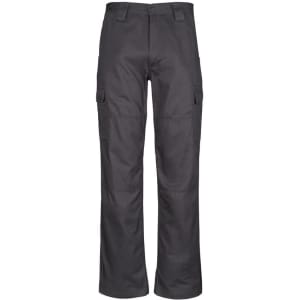 Midweight grey cargo pants with side pockets, featuring a straight leg design and a waistband.
