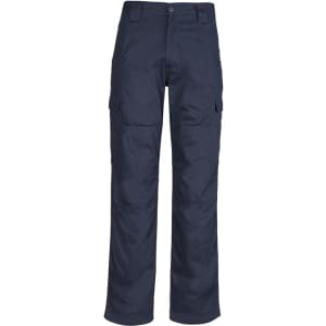 Midweight drill cargo pants in navy blue with a logo, featuring multiple pockets and a relaxed fit.