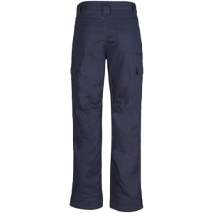 Midweight drill cargo pants in navy blue, featuring multiple side pockets and a design for regular fit. Includes branding.