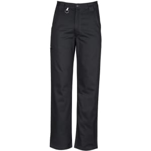 Black utility pants with a straight leg design and a logo on the front. Suitable for workwear purposes.