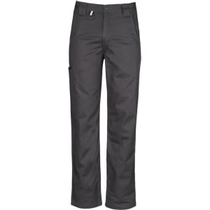 A pair of men's plain black utility pants with multiple pockets and a secure fastening.