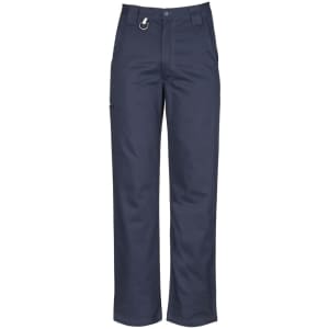 A pair of men's plain utility pants in navy, featuring a belt loop and a side pocket.