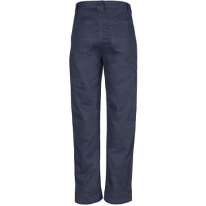 A pair of navy blue utility pants featuring multiple pockets and a branded logo on the back.