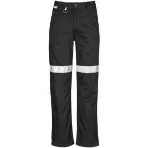 Black utility pants featuring reflective tape and a logo, designed for workwear.