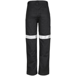 Black work pants with reflective tape on the sides, featuring multiple pockets and a logo on the back.