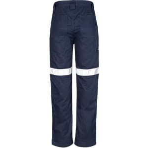 Navy work pants with reflective tape detailing and a back pocket, featuring a logo. Suitable for workwear.