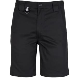 A pair of black men's plain utility shorts with a front button closure and a small attachment loop.