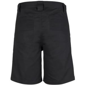 A pair of black utility shorts featuring a simple design and back pockets. The shorts have a waistband with belt loops.
