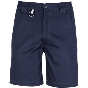 A pair of men's plain utility shorts in navy blue, featuring a belt loop and a logo.