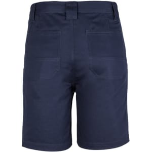 A pair of navy blue men's utility shorts featuring pockets on the back and a tailored fit.