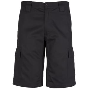 A pair of black midweight drill cargo shorts featuring side pockets and a front button closure.
