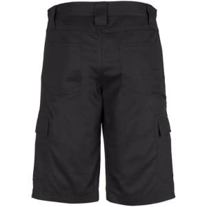 A pair of men's midweight drill cargo shorts in black, featuring multiple pockets and a branded logo.
