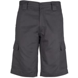 Midweight drill cargo shorts in black with multiple side pockets and belt loops. Features a logo on the waistband.