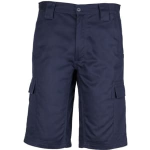 Midweight navy cargo shorts featuring pockets and a button closure, with a logo present.