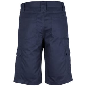 Navy midweight drill cargo shorts featuring multiple pockets and a logo on the fabric.