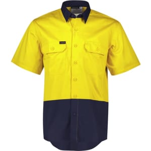 A men's short sleeve work shirt in bright yellow and navy blue, featuring two chest pockets and a logo.