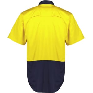 A hi-vis short sleeve shirt in bright yellow and navy, featuring a logo. Ideal for workwear applications.