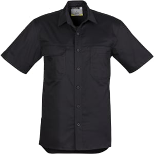 A black short sleeve men's work shirt featuring two chest pockets and a logo. Perfect for workwear.