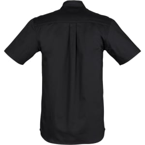 A black short sleeve work shirt featuring a back pleat and a collar, with a logo present.