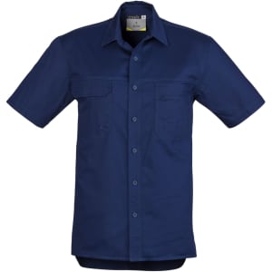 A navy short sleeve shirt with a collar and two front pockets. Features branding on the inner label.