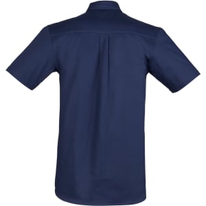 A navy short sleeve shirt with a back pleat and a logo, designed for work environments.