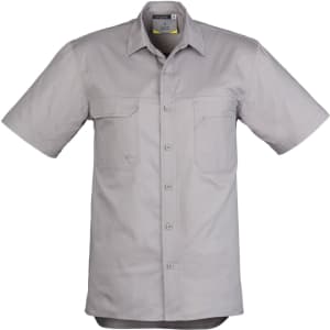 A light grey short sleeve work shirt with two chest pockets and a logo on the upper neckline.