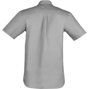 A grey lightweight short sleeve shirt with a back pleat and a logo. Suitable for workwear.