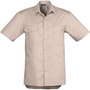 A lightweight short sleeve work shirt in beige, featuring two front pockets and a logo label.