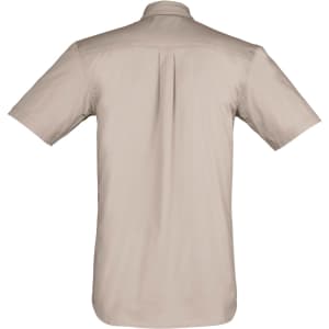 A lightweight short sleeve shirt in beige, featuring a back pleat and a logo.