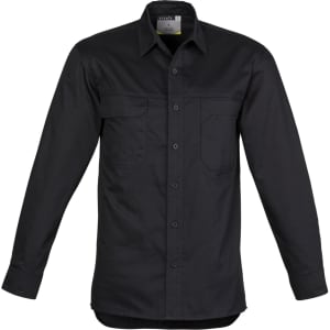 A black long sleeve shirt for men featuring a button-up design and front pockets, along with a logo.