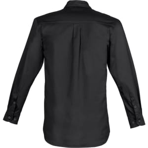 A black long sleeve shirt with a button-down collar and an upright back pleat. It features buttons on the cuffs and has a logo.